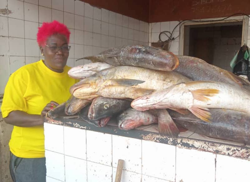 Beyene Ateba assesses her fish stock in Cameroon. Photo supplied by Beyene Ateba.