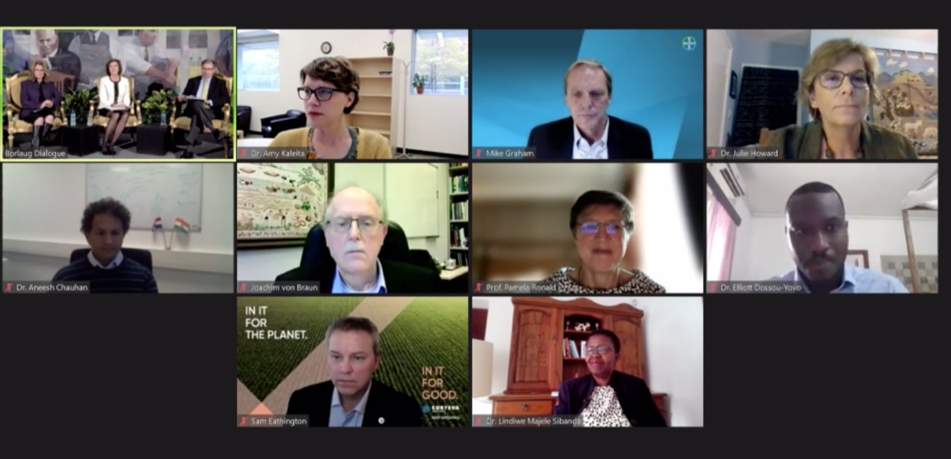 CGIAR’s Claudia Sadoff (top left, left) joined an in-person panel to discuss research and innovation.
