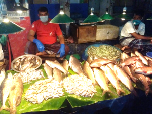 Market vendors selling fish in KKC night market, Khulna wear gloves and masks for protection.