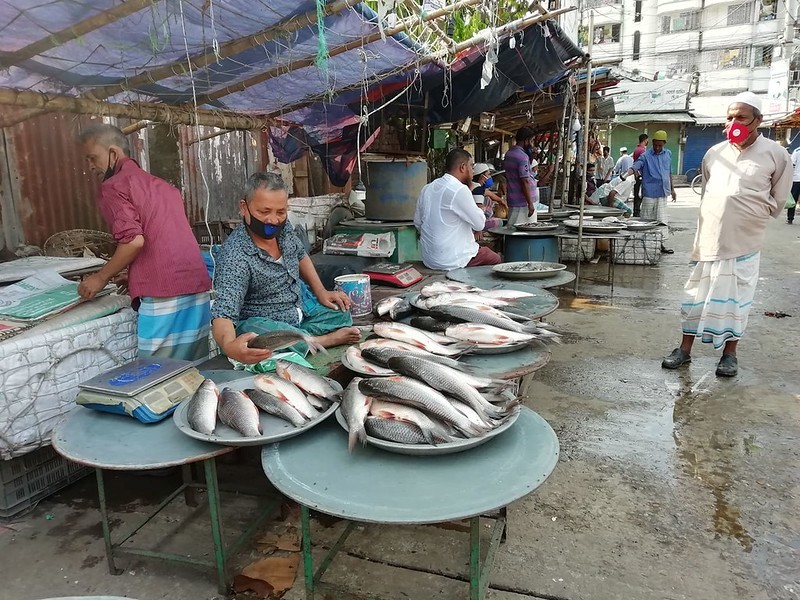 Market vendors and buyers in the retail fish market