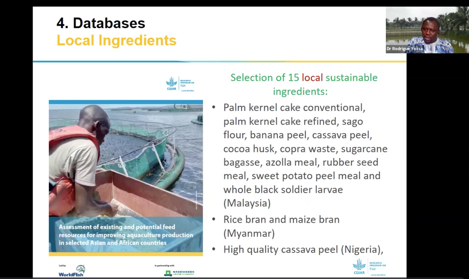 Rodrigue Yossa reviews sustainable and locally-available ingredients suitable for fish feed formulations during an Africa Aquaculture Magazine webinar. Photo supplied by AAM