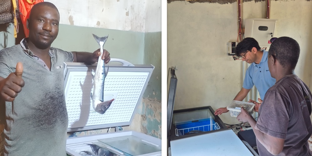 Left: Mbwana Asaa from Mtwapa BMU shows how Kuza freezers keep his catch fresh for the market. Right: Aditya Parmar inspects the freezer functionalities.