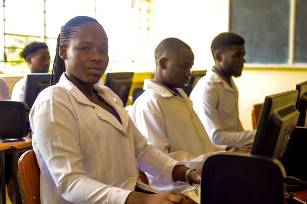 Natural Resources Development College (NRDC) students undertaking tilapia online courses at the renovated NRDC computer laboratory, in Lusaka, Zambia. Photo by Tabitha Mulilo. 