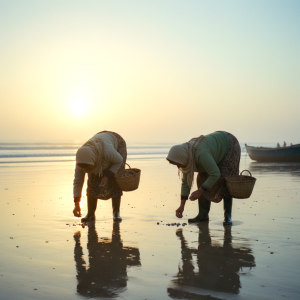 Two small-scale Moroccan fisherwomen doing gleaning activities at Atlantic coastline in Morocco. Photo by Menna Mosbah, Gender and social inclusion consultant, WorldFish, Egypt. 2024. Edited by Photoshop.