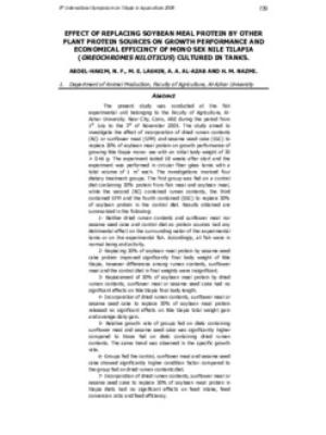 Effect of replacing soybean meal by sunflower meal in the diets for Nile tilapia, Oreochromis Niloticus