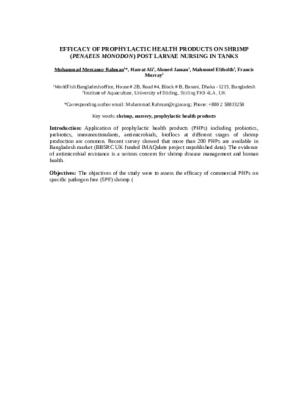 Efficacy of prophylactic health products on shrimp (Penaeus Monodon) post larvae nursing in tanks