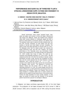 Performance and survival of three red tilapia strains (Oreochromis spp) in pond environment in Kedah state, Malaysia