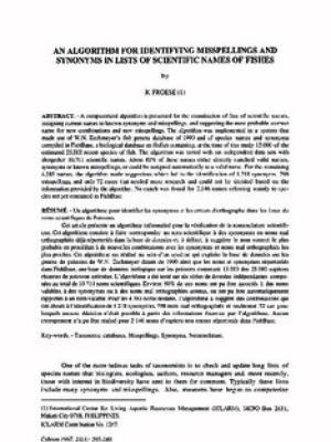 An algorithm for identifying misspellings and synonyms in lists of scientific names of fishes