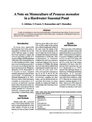 A note on monoculture of Penaeus monodon in a hardwater seasonal pond