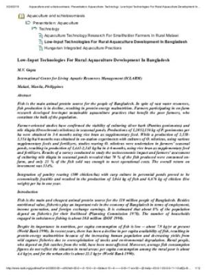 Low input technologies for rural aquaculture development in Bangladesh