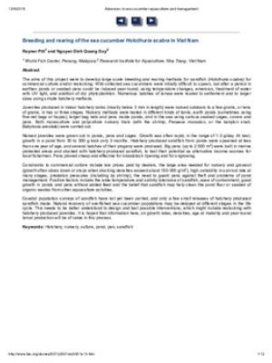 Breeding and rearing of the sea cucumber Holothuria scabra in Viet Nam