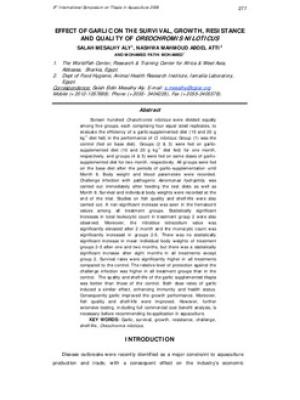 Effect of garlic on the survival, growth, resistance and quality of Oreochromis niloticus