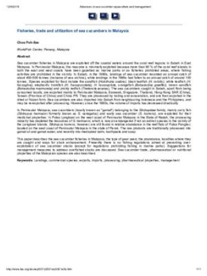 Fisheries, trade and utilization of sea cucumbers in Malaysia
