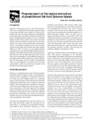 Progress report on the capture and culture of presettlement fish from Solomon Islands