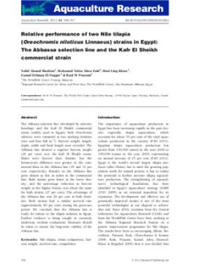 Relative performance of two Nile tilapia (Oreochromis niloticus Linnaeus) strains in Egypt: The Abbassa selection line and the Kafr El Sheikh commercial strain