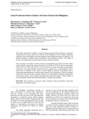 Giant freshwater prawn culture: Experiences from on-farm trials in the Philippines