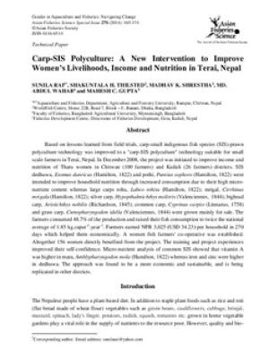 Carp-SIS polyculture: A new intervention to improve women's livelihoods, income and nutrition in Terai, Nepal