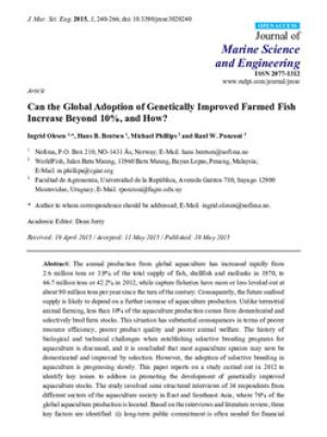 Can the global adoption of genetically improved farmed fish increase beyond 10%, and how?