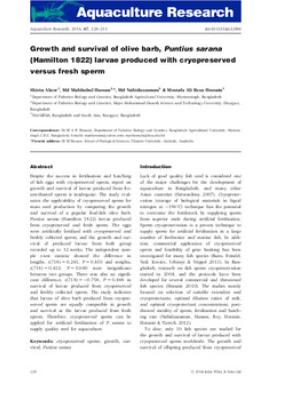 Growth and survival of olive barb, Puntius sarana (Hamilton 1822) larvae produced with cryopreserved versus fresh sperm