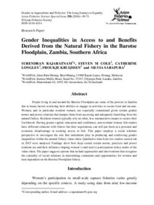 Gender inequalities in access to and benefits derived from the natural fishery in the Barotse Floodplain, Zambia, Southern Africa