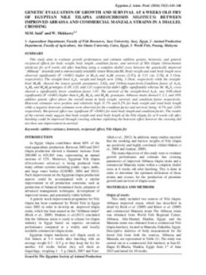 Genetic evaluation of growth and survival at 6 weeks old fry of Egyptian Nile Tilapia (Oreochromis niloticus) between improved Abbassa and commercial Manzala strains in a diallel crossing