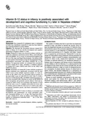 Vitamin B-12 status in infancy is positively associated with development and cognitive functioning 5 y later in Nepalese children