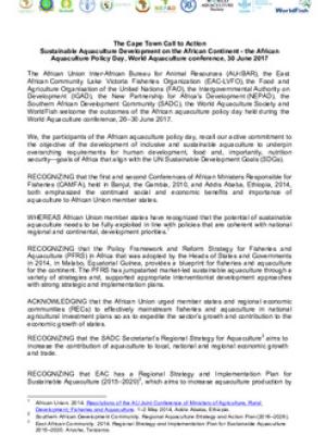The Cape Town Call to Action: Sustainable aquaculture development on the African continent - the African Aquaculture Policy Day, World Aquaculture Conference, 30 June 2017