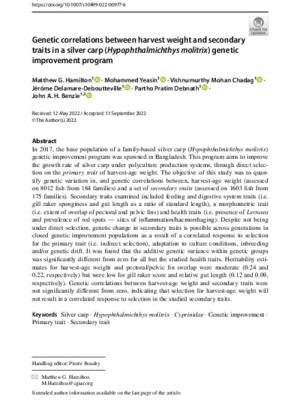 Genetic correlations between harvest weight and secondary traits in a silver carp (Hypophthalmichthys molitrix) genetic improvement program