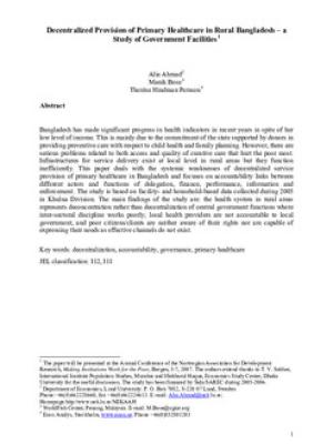Decentralized provision of primary healthcare in rural Bangladesh : a study of government facilities