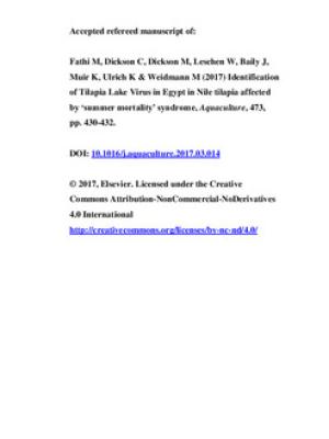 Identification of Tilapia Lake Virus in Egypt in Nile tilapia affected by 'summer mortality' syndrome