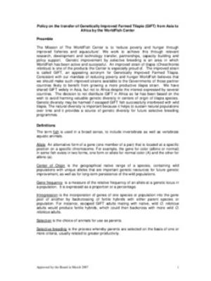 Policy on the transfer of genetically improved Farm Tilapia (GIFT) from Asia to Africa by the WorldFish Center