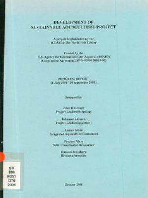 Development of sustainable aquaculture project: progress report (1 July 2001 - 30 Sept 2001)