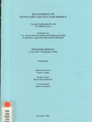 Development of sustainable aquaculture project: progress report (1 July 2002 - 30 September 2002)