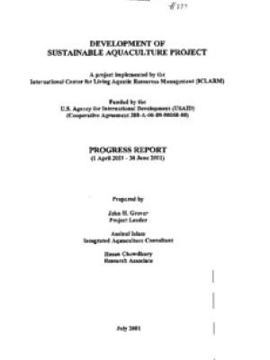Development of sustainable aquaculture project: progress report (1 April 2001 - 30 June 2001)