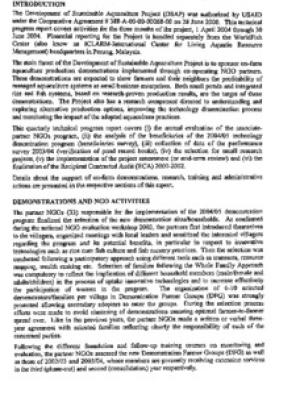 Development of sustainable aquaculture project: progress report (1 April 2004 - 31 June 2004)