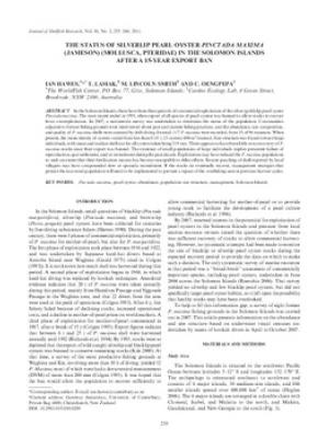 The Status of silverlip pearl oyster Pinctada maxima (Jameson) (Mollusca, Pteridae) in the Solomon Islands after a 15-year export ban