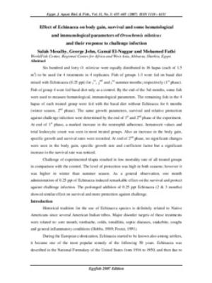 Effect of Echinacea on body gain, survival and some hematological and immunological parameters of Oreochrmis niloticus and their response to challenge infection