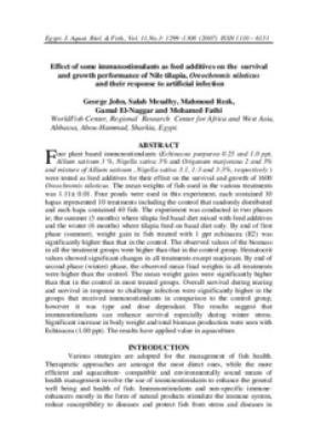 Effect of some immunostimulants as feed additives on the survival and growth performance of Nile tilapia, Oreochromis niloticus and their response to artificial infection