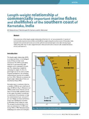 Length-weight relationships of commercially important marine fishes and shellfishes of the southern coast of Karnataka, India