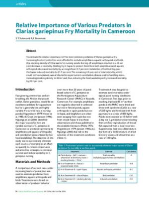 Relative Importance of Various Predators in Clarias gariepinus Fry Mortality in Cameroon