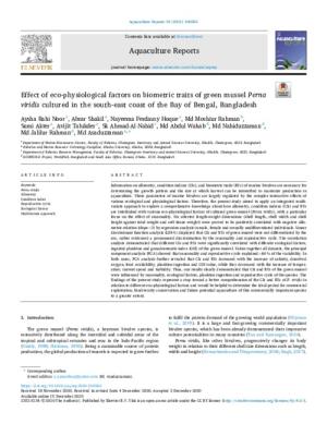 Effect of eco-physiological factors on biometric traits of green mussel Perna viridis cultured in the south-east coast of the Bay of Bengal, Bangladesh