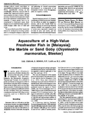 Aquaculture of a high-value freshwater fish in [Malaysia] : the marble or sand goby (Oxyeleotris marmoratus, Bleeker)
