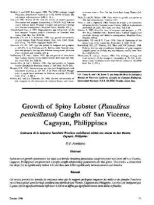 Growth of spiny lobster (Panulirus penicillatus) caught off San Vicente, Cagayan, Philippines