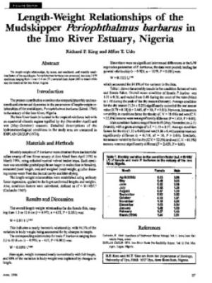 Length-weight relationships of the mudskipper Periopthalmus barbarus in the Imo River estuary, Nigeria