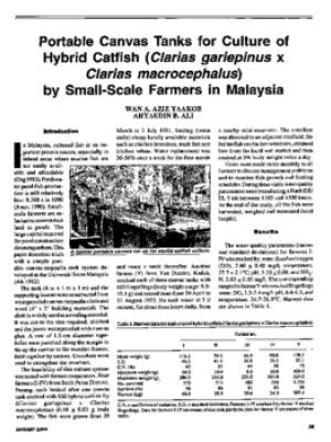 Portable canvas tanks for culture of hybrid catfish (Clarias gariepinus x Clarias macrocephalus) by small-scale farmers in Malaysia