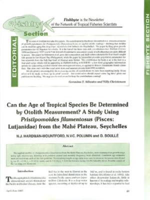 Can the age of the tropical species be determined by otolith measurement?: a study using Pristipomoides filamentosus (Pisces: Lutjanidae) from the Mahe Plateau, Seychelles