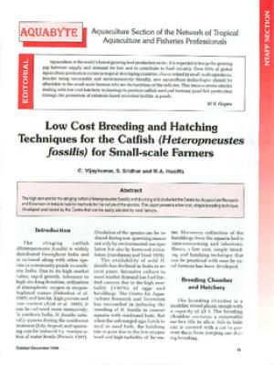 Low cost breeding and hatching techniques for the catfish (Heteropneustes fossilis) for small-scale farmers