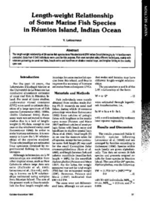 Length-weight relationship of some marine fish species in Reunion Island, Indian Ocean