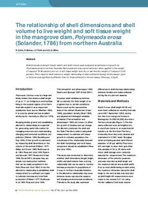 The relationship of shell dimensions and shell volume to live weight and soft tissue weight in the mangrove clam, Polymesoda erosa (Solander, 1786) from northern Australia
