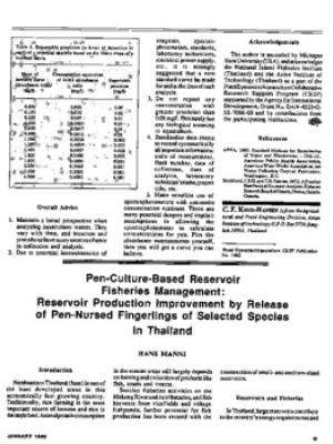 Pen-culture-based reservoir fisheries management: reservoir production improvement by released of pen-nursed fingerlings of selected species in Thailand